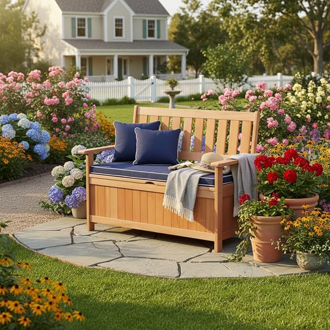 Tangkula 48 Inch Outdoor Wood Storage Bench Deck Box, Wooden Storage Loveseat with 34.2 Gal Inner Space, Entryway Bench Deck Box with Slatted Backrest, Storage Seat for Garden, Lawn, Balcony & Porch - Image 5