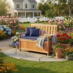 Tangkula 48 Inch Outdoor Wood Storage Bench Deck Box, Wooden Storage Loveseat with 34.2 Gal Inner Space, Entryway Bench Deck Box with Slatted Backrest, Storage Seat for Garden, Lawn, Balcony & Porch - Image 5