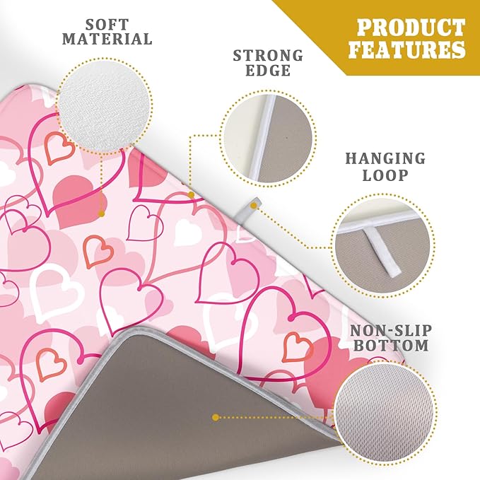 Valentines Day Dish Drying Mat for Kitchen Pink Hearts Absorbent Reversible - Image 4