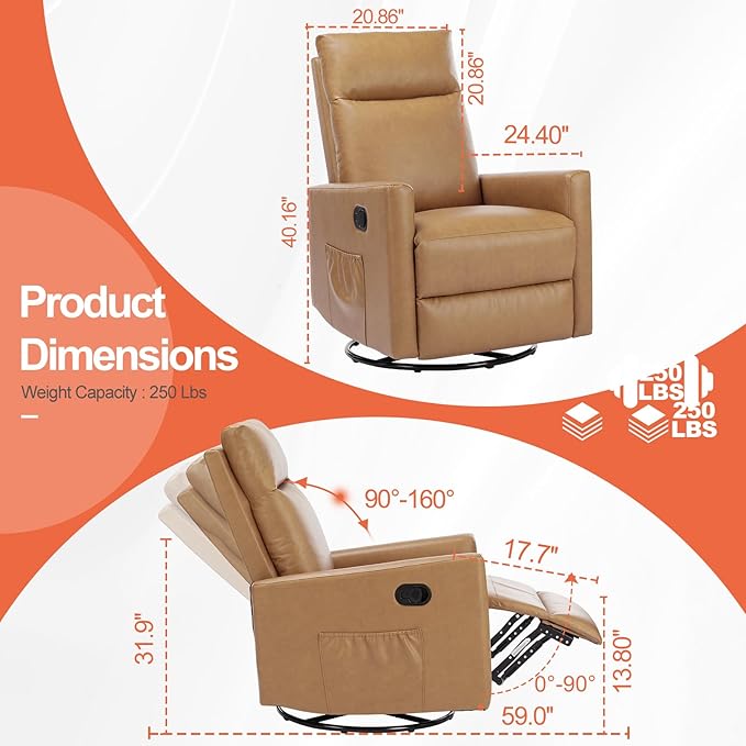 Sweetcrispy Recliner Chair, 360 Swivel Rocker Chair for Adults, Glider Rocker Recliners, Nursery Chairs for Living Room, High Back, Upholstered Deep Seat, Classical Brown - Image 5