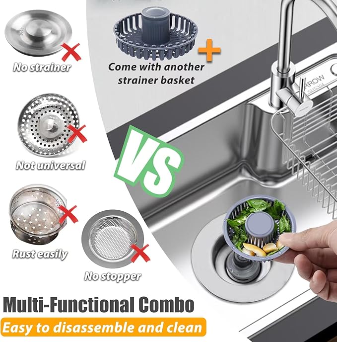 Kitchen Sink Drain Strainer, 3 in 1 Pop Up Kitchen Sink Stopper, - Image 2