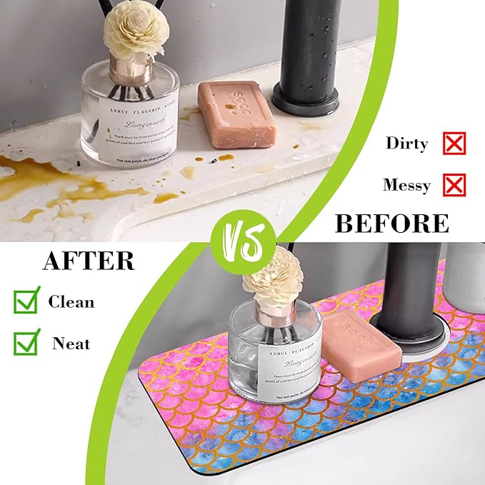 Sink Splash Guard Faucet Mat Watercolor Fish Scales Absorbent Fast Drying Mat - Image 6