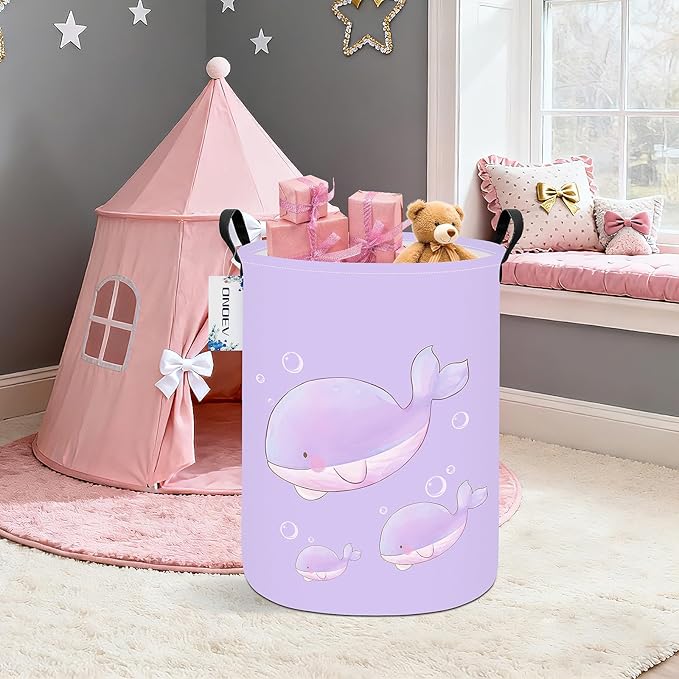 Round Foldable Girls' Storage Basket Kids Laundry Hamper Purple Gift Basket - Image 4