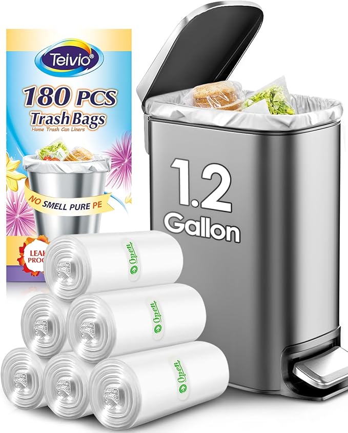1.2 Gallon 180 counts Small Strong Trash Bags 5 Liter Garbage Bags by Teivio by Teivio