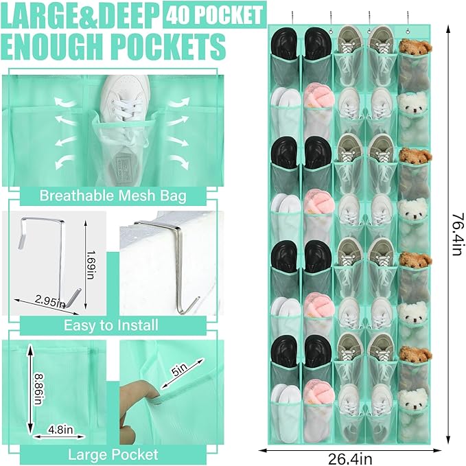 Windyun 40 over the Door Shoe Organizer Large Mesh Pocket Hanging Shoe Rack - Image 2