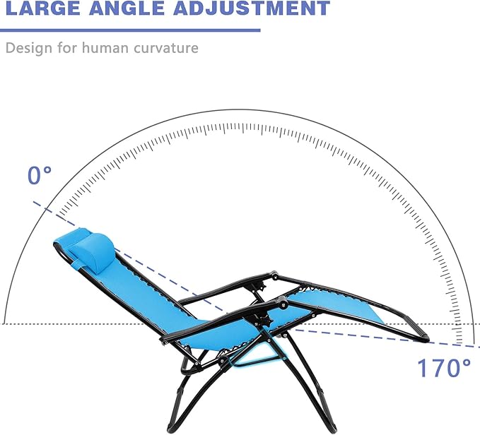 Homall Zero Gravity Chair Adjustable Folding Lawn Lounge Chairs Outdoor Lounge Gravity Chair Camp Reclining Chair with Pillows for Poolside Backyard and Beach Set of 2 (Sky Blue) - Image 9