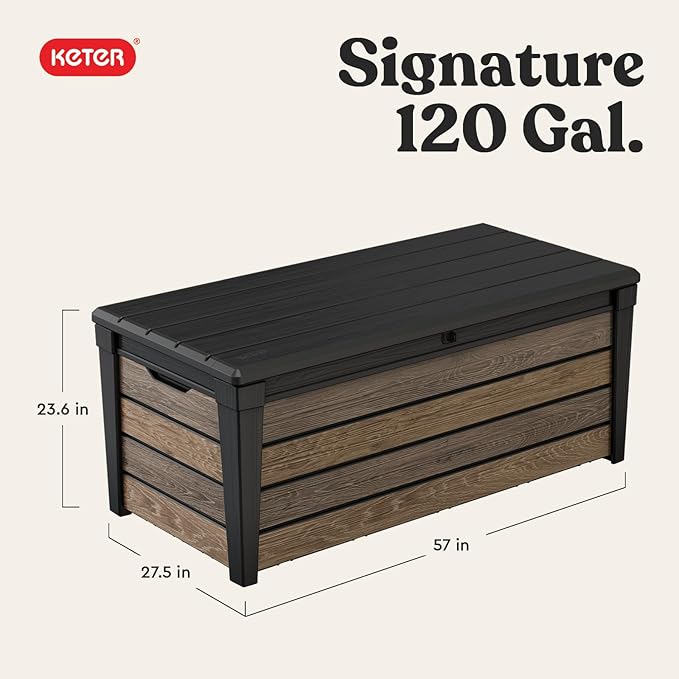 Keter Everwood 120 Gallon Resin Signature Collection Large Outdoor Storage Box for Patio Furniture, Outdoor Cushions, Garden Tools and Pool Gear, Walnut - Image 2
