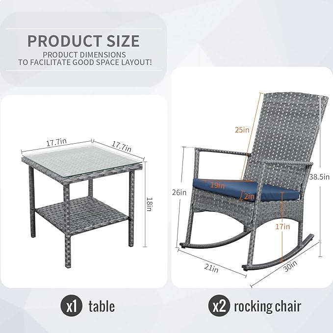 Rocking Chair Outdoor 3 Pieces High-Backed Patio Rocking Chairs Bistro Table and Chairs Set of 2, Navy Blue - Image 2