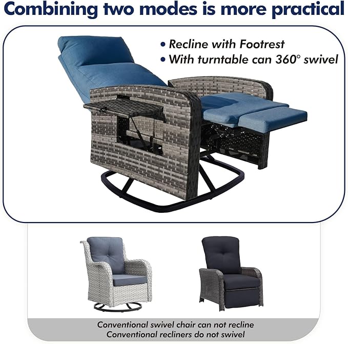 Outdoor Recliner Chair, Wicker Patio Recliners with Adjustable Backrest and Extended Foot Rest, Reclining Patio Chairs with Flip Table & Removable Cushion Cover for Porch - Image 7