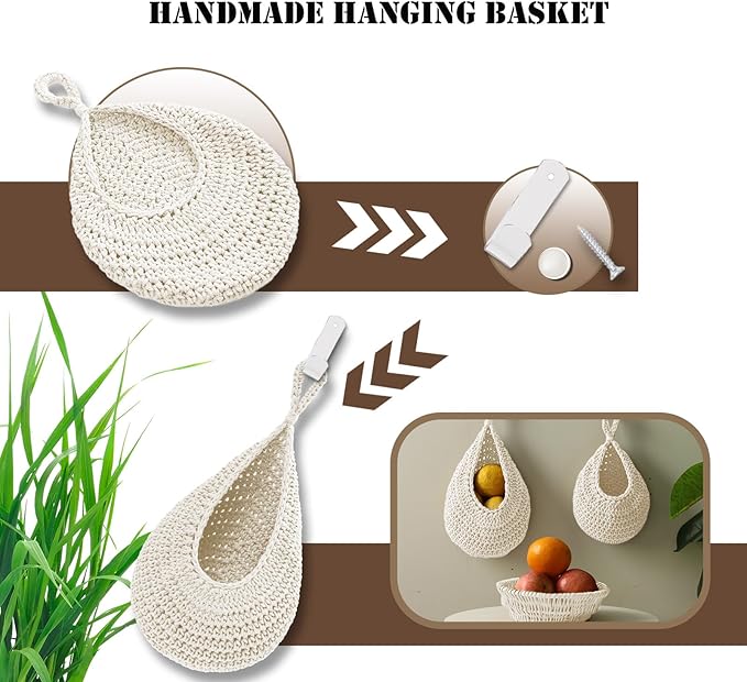 Hanging Fruit Basket Set of 3, Boho Wall Hanging Storage Basket - Image 7