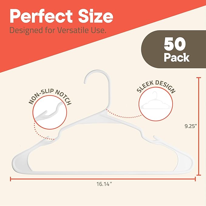 White Plastic Hangers 50 Pack– Heavy-Duty Plastic Hangers Slim and Space-Saving - Image 2