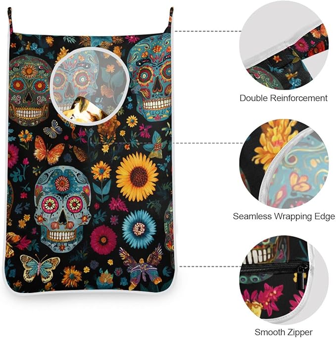 Mexican Skulls and Flowers Hanging Laundry Hamper Door Hampers Bag Basket - Image 5