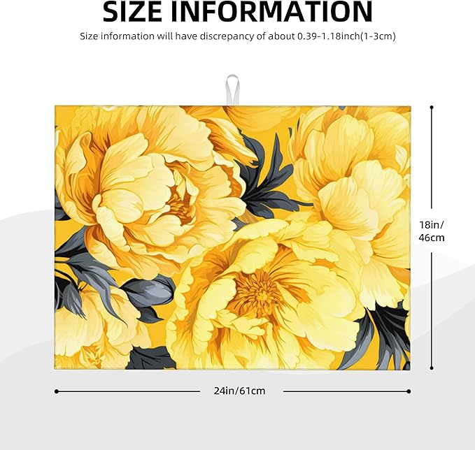 Yellow Peony Dish Drying Mats for Kitchen Counter, Absorbent Reversible - Image 2