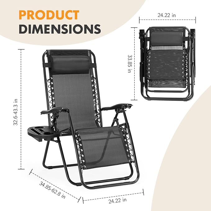 NEWBULIG Zero Gravity Chair Set of 4, Lounge Chair Folding Portable Adjustable Camping Reclining Chairs with Adjustable Pollow, Mesh Back, Cup Holder Trays Lawn Patio Chair for Pool Beach - Black - Image 7