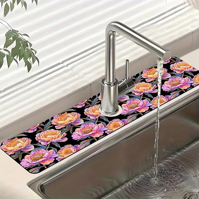 Colorful Peonies Sink Faucet Absorbing Mat Blooming Peonies Super Absorbent by Unknown