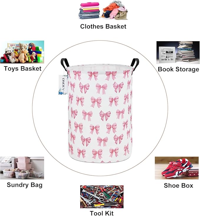 Round Foldable Girls' Storage Basket Kids Laundry Hamper Pink Gift Basket - Image 3