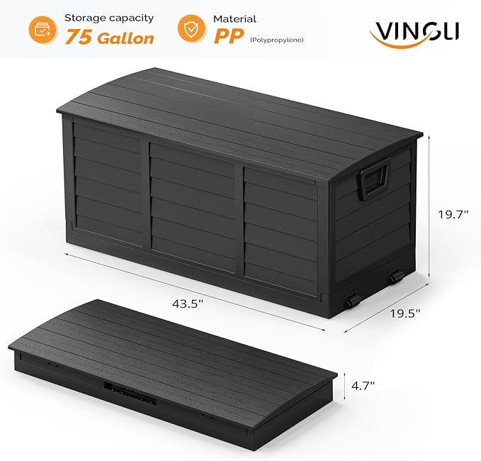 VINGLI 75 Gallon Collapsible Outdoor Storage Box, Simple-to-assemble Plastic Storage Containers with Lid, Patio Deck Box Furniture for Garden, Pool, Balcony, Yard (Full Black) - Image 4