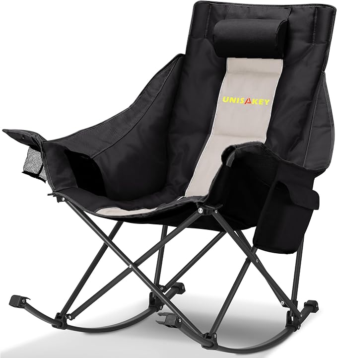 Oversized Rocking Camping Chair with Headrest & Cup Holder - 400lbs Capacity, 600D Oxford Fabric, Easy Fold Portable Outdoor Rocker Chair for Camping, Backyard, Beach, Light Gray - Image 9