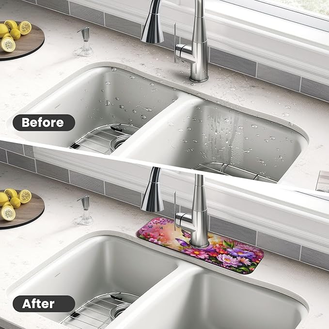 Pink butterfly flower Kitchen sink faucet pad, strong water absorption - Image 4