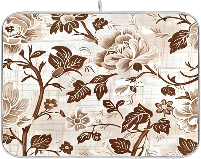 Brown Beige Floral Leaves Dish Drying Mat by BOENLE-WELCOMEYOURCOMING