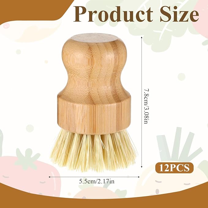 12 Pack Bamboo Dish Scrub Brushes Wooden Scrubbers Set Kitchen Palm Pot Brush - Image 2