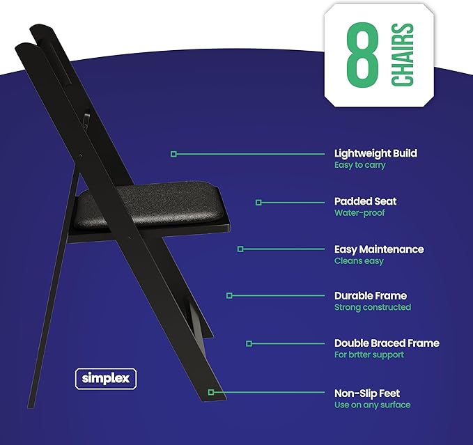 SIMPLEX 8 Black Resin Stackable Folding Chair - Comfortable Black Foldable Chair - Folding Chairs with Padded Seats - Indoor/Outdoor Folding Chairs for Events - Lightweight Foldable Chairs (8 Pack) - Image 2