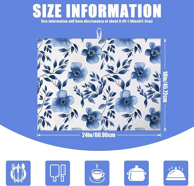 Blue Floral Dish Drying Mat for Kitchen Counter Flower Leaves Drying Pad - Image 2