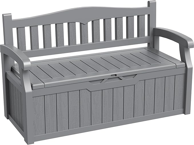 Greesum 80 Gallon Storage Bench Outdoor Deck Box with Armrest, Patio Furniture,Lockable, Waterproof and UV Resistant, Suitable for Garden, Pool, Grey by BuynowfromGreesum