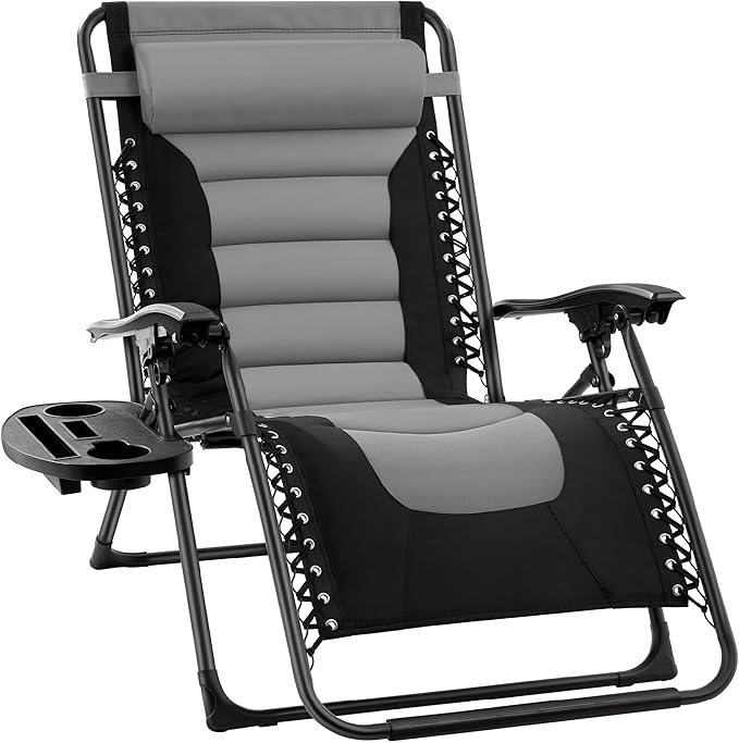 Best Choice Products Oversized Padded Zero Gravity Chair, Folding Outdoor Patio Recliner, XL Anti Gravity Lounger for Backyard w/Headrest, Cup Holder, Side Tray, Polyester Mesh - Gray by BestChoiceProducts