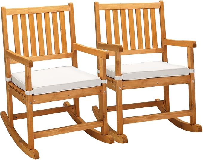 VINGLI Outdoor Rocking Chair, Weatherproof Rocker with Cushion, Wooden Rocking Bench Support 450 LBS for Patio, Yard, Garden, Outdoor or Indoors, Teak(2PCS) by VINGLI