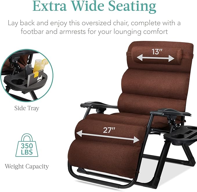 Best Choice Products Oversized Zero Gravity Chair, Folding Outdoor Patio Recliner, XL Anti Gravity Lounger w/Removable Cushion, Cup Holder, Side Tray, 350lb Capacity - Woodland Brown - Image 6