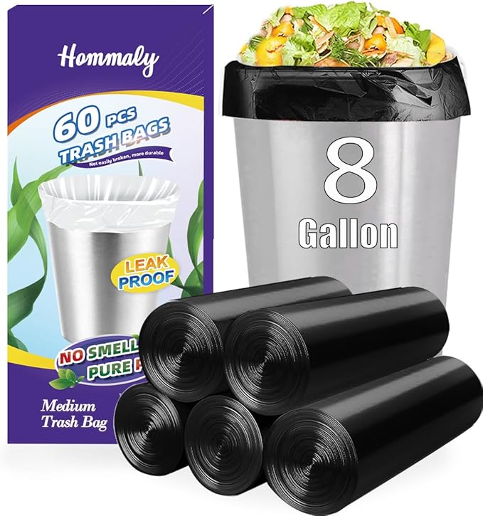 8 Gallon 60pcs Medium Black Trash Bags Strong Black Garbage Bags, Bathroom by HOMMALY