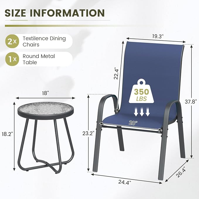 UDPATIO Patio Dining Set of 3, Outdoor Table and Chairs Set with Glass Table, 2 Stackable Patio Chairs with High Back, Outdoor Furniture Sets for Deck Garden Backyard Lawn Poolside (Blue) - Image 3
