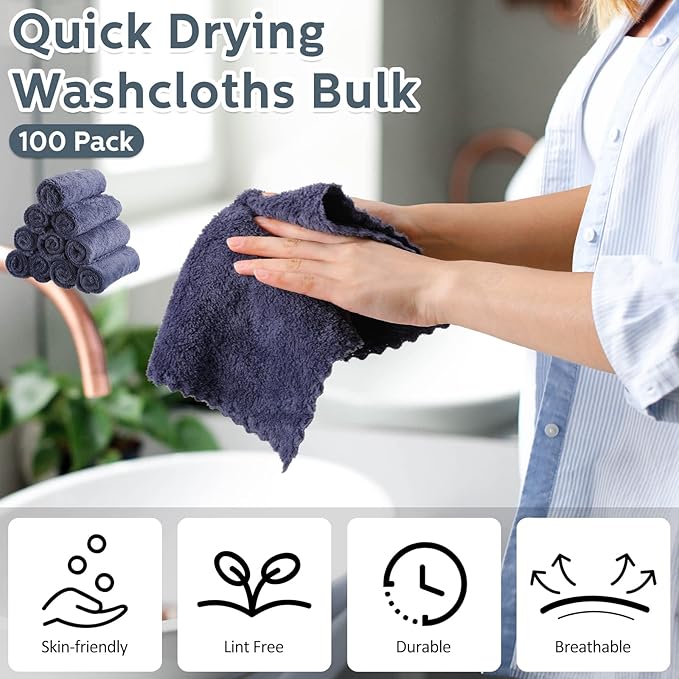 Newwiee 100 Pcs Washcloths Bulk Quick Drying Bathroom Wash Clothes 12 x 12 Inch - Image 3