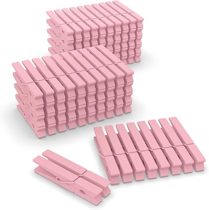 Pink Clothes Pins Wooden 100 Pack, Colored Clothespins by FEFU