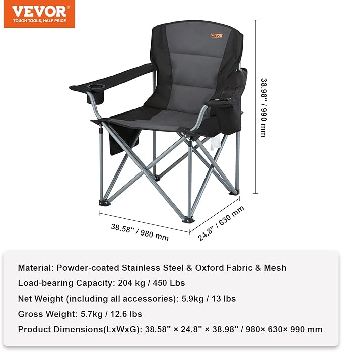 VEVOR Oversized Camping Folding Chair, Portable Heavy Duty Outdoor Quad Lumbar Back Padded with Side Pockets, Cup Holder and Cooler Bag for Beach, Lawn, Picnic, Fishing, Backpacking, Black - Image 3