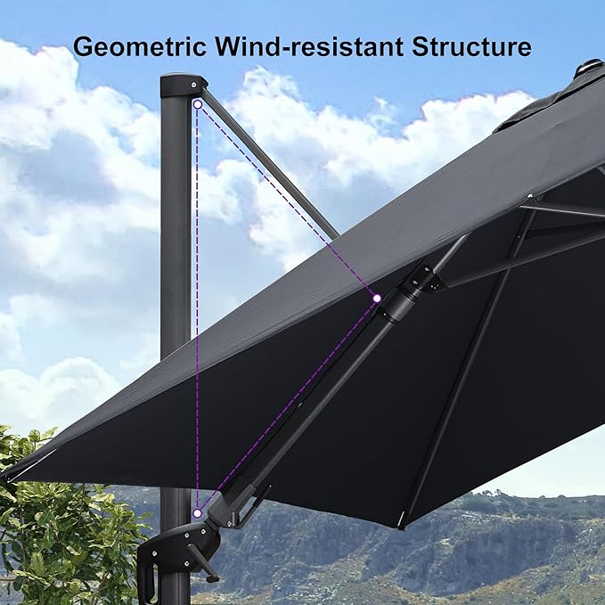 PURPLE LEAF 8' X 8' Tilting Patio Umbrella with Base Outdoor Cantilever Swivel Square Umbrella with Tilt Aluminum Offset Umbrella with 360-degree Rotation for Garden Deck Pool Patio Grey - Image 9