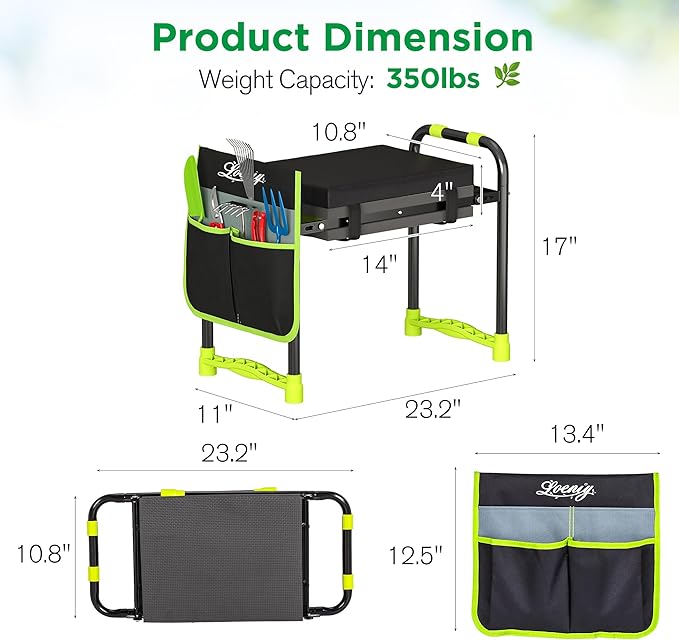 10.8” Wide Garden Kneeler and Seat, Heavy Duty Foldable Gardening Stool with Tool Belt Pouch, Included Thickened Kneeling Pad, Portable Gardening Bench Chair for Seniors & Parents - Image 2