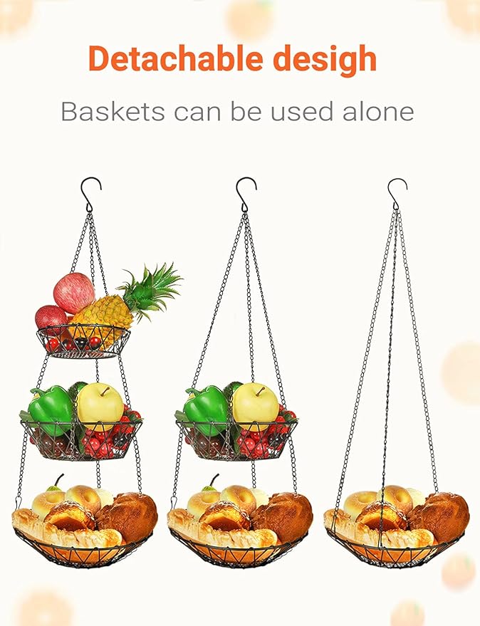 3 Tier Hanging Basket with Sturdy Metal Chain Hanging Hooks Fruit and Vegetable - Image 2