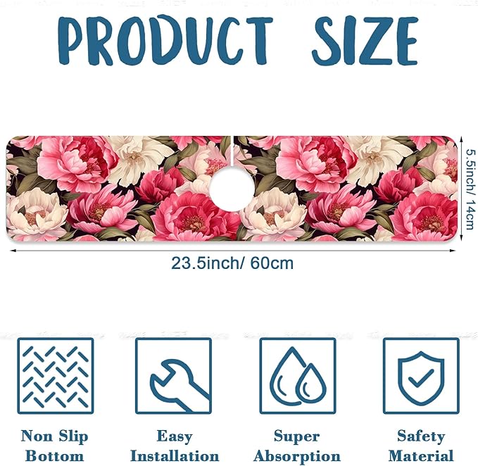 Garden Flowers Kitchen Sink Splash Guard Faucet Mat Watercolor Peonies Super - Image 2