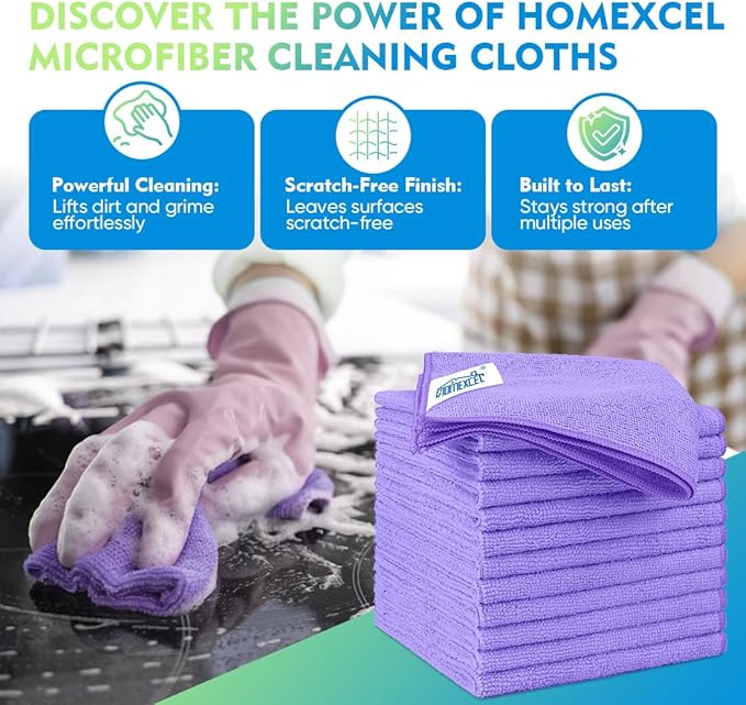 HOMEXCEL Purple Microfiber Cleaning Cloth 12 Pack 12.5 x 12.5 Inch Microfiber - Image 2