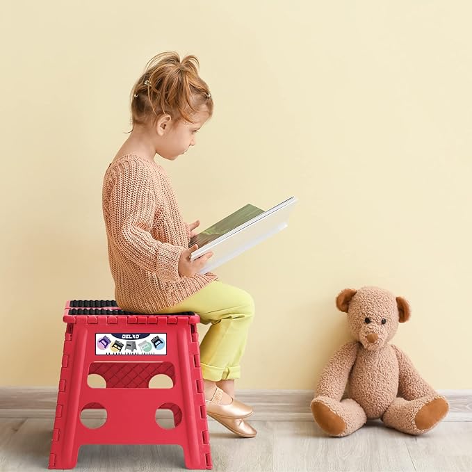 Delxo Folding Step Stool,Non-Slip Stool 13 inch Height Premium Heavy Duty Foldable Stool for Kids and Adults,Kitchen Garden Bathroom Steppingstool 1 Pack in Red,Dotted Texture - Image 3