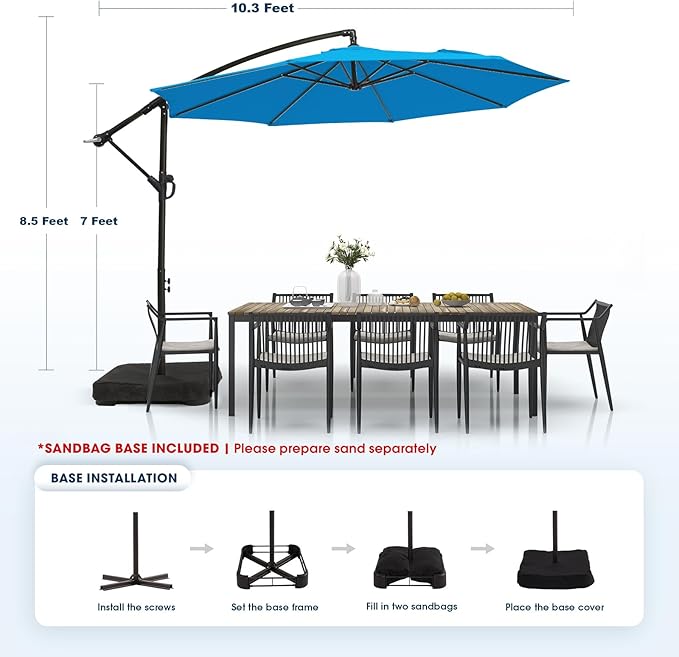 wikiwiki 10ft Patio Umbrella with Base Included, Outdoor Offset Cantilever Umbrella with Sandbag Base for Backyard, Garden and Pool, Easy to Tilt and Crank, Royal Blue - Image 6