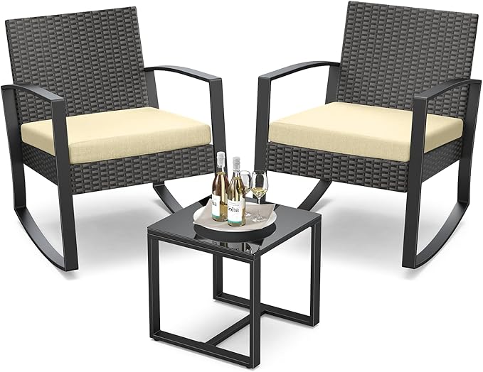 3 Pieces Porch Furniture Set Patio Rocking Bistro Set Outdoor Patio Chairs Rattan Conversation Sets with Coffee Table for Front Porch Garden Balcony Backyard Poolside (Beige Cushion) by Qsun