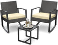 3 Pieces Porch Furniture Set Patio Rocking Bistro Set Outdoor Patio Chairs Rattan Conversation Sets with Coffee Table for Front Porch Garden Balcony Backyard Poolside (Beige Cushion) by Qsun