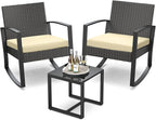 3 Pieces Porch Furniture Set Patio Rocking Bistro Set Outdoor Patio Chairs Rattan Conversation Sets with Coffee Table for Front Porch Garden Balcony Backyard Poolside (Beige Cushion) by Qsun