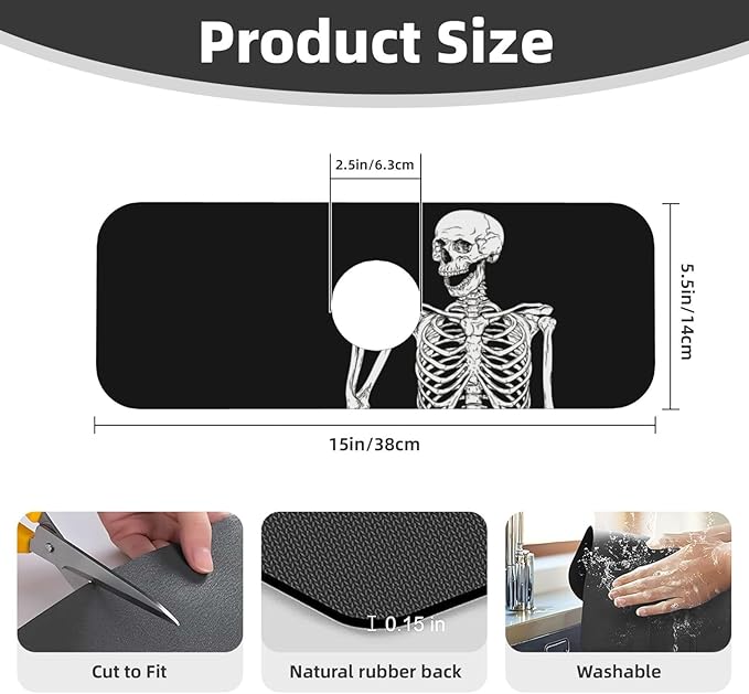 Black Funny Skull Human Skeleton Halloween Kitchen Sink Splash Guard Faucet Mat - Image 2