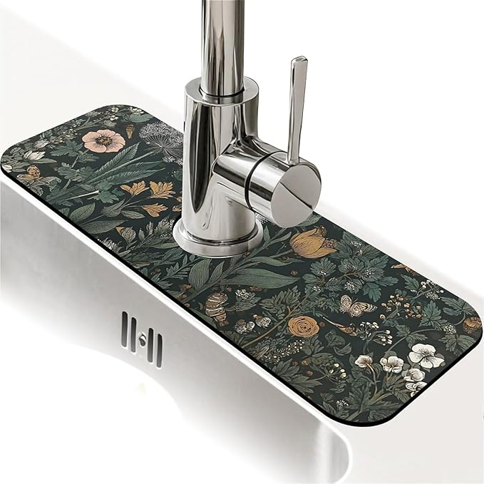 Kitchen Sink Splash Guard，Dark-green black flowers Faucet Mat Sink by ZHUZHISHAN