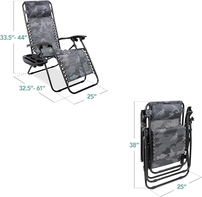 Best Choice Products Set of 2 Adjustable Steel Mesh Zero Gravity Lounge Chair Recliners w/Pillows and Cup Holder Trays - Camoflage - Image 3