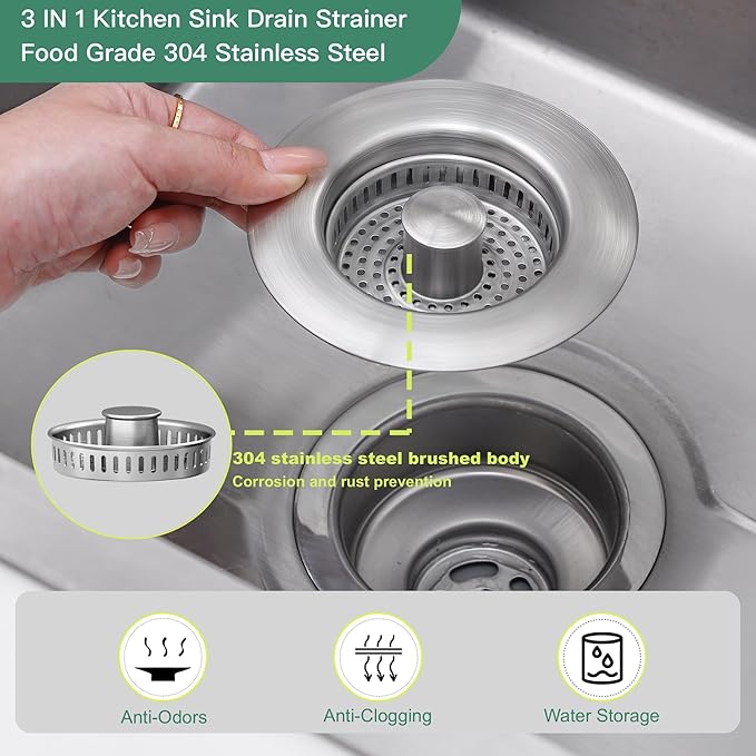 Sink Drain Strainer 3 in 1, 304 Stainless Steel Pop Up Sink Stopper, - Image 3